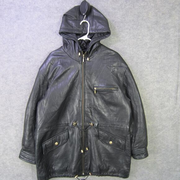 Colebrook & Co Jacket Womens Small Black Hooded Leather Parka Zip Pockets Lined - Picture 1 of 7